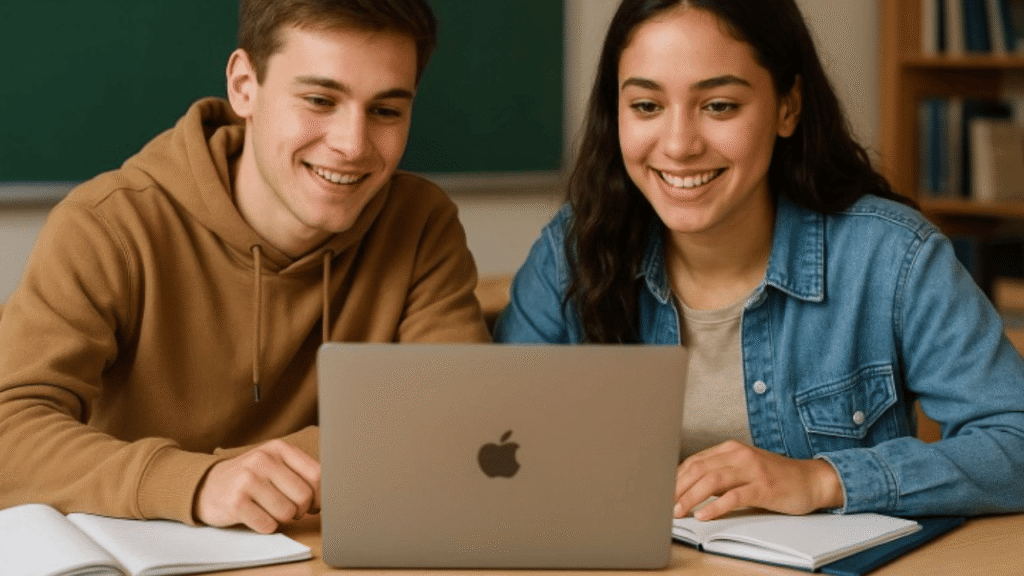 Two students are looking at MacBook